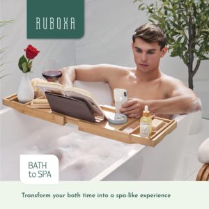 Luxurious Bamboo Bathtub Tray for Tub - Expandable Bath Tray for Bathtub Accessories, Seats One or Two People - Durable Bathtub Caddy Holds Tablet/Book, Phone, Wineglass