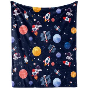 Outer Space Theme Throw Blanket for Kids, 50 x 60 Inch Blue Space Astronaut Rocket Fuzzy Plush Blanket for Boys Gift, Soft Galaxy Planet Spaceship Flannel Blanket for Children Teen Bed Couch Decor