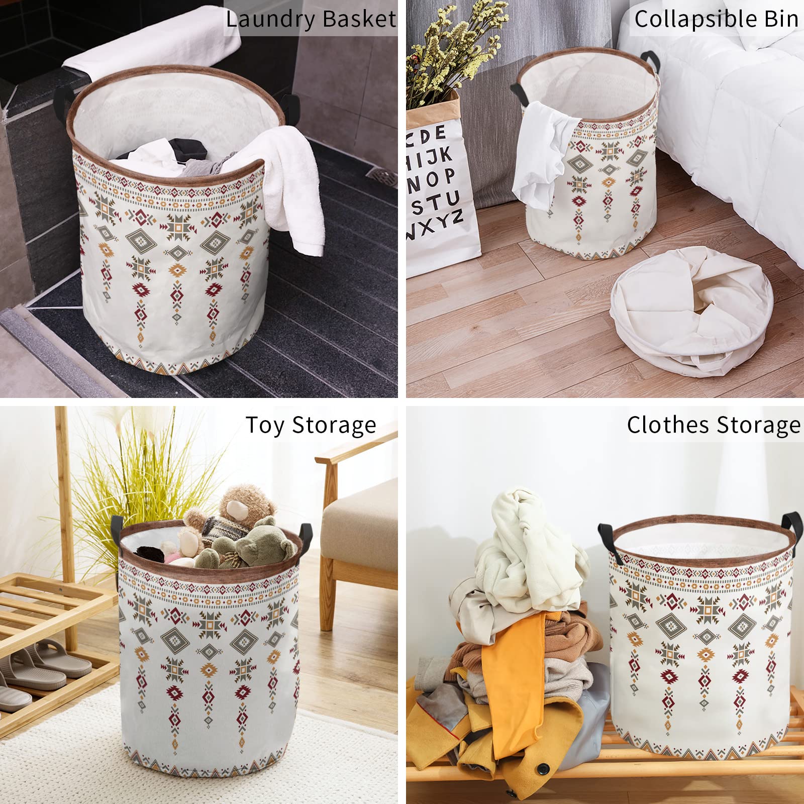 Big Laundry Basket Storage, Southwest Native American Tribal Totem Boho Waterproof Canvas Laundry Hamper, Round Collapsible Basket with Handles for Nursery Laundry Room Home Office