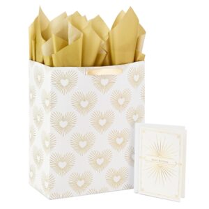 hallmark 13" large heart gift bag with wedding card and tissue paper (best wishes gold and white, hearts) for weddings, bridal showers, engagements