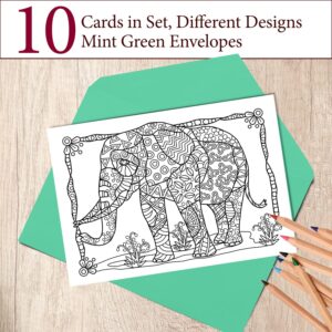 Art Eclect Coloring Nature Greeting and Thank You Note Cards, Zentangle Wildlife Animals Designs, 10 Cards with Green Envelopes included (Wildlife/Green 10 cards)