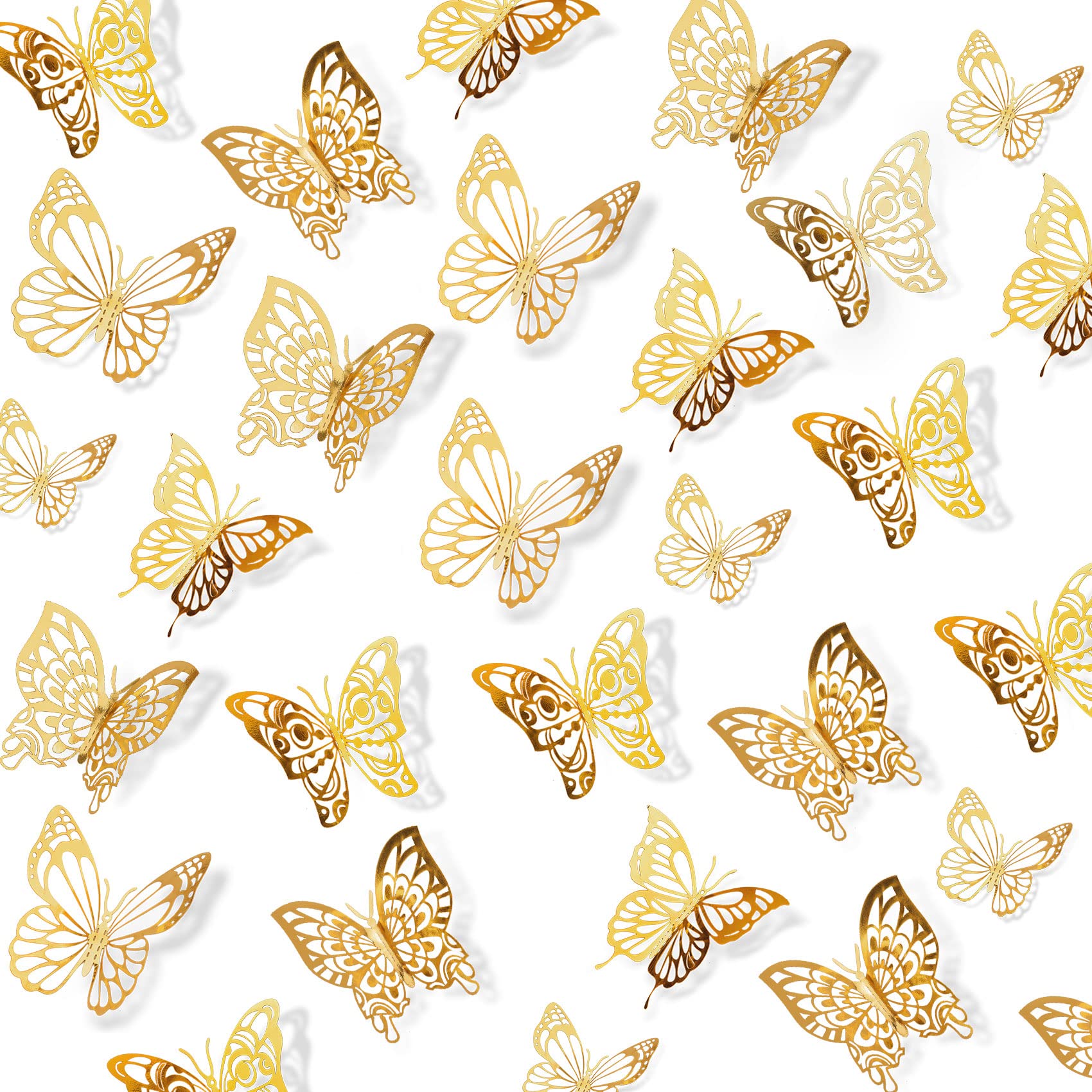 72 pcs 3D Butterfly Wall Decor Stickers, Gold Butterfly Party Decorations Butterfly Wall Decals Butterfly Bedroom Classroom Wedding Cake Balloon Baby Shower Decor Aesthetic for Girl,4 Styles 3 Sizes