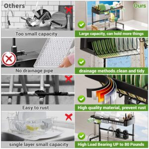 ilvvan Dish Rack Over The Sink Dish Drying Rack (Expandable Height and Length) Snap-On Design 2 Tier Large Dish Rack Stainless Steel (23" - 34" L x 11" W x 19" - 21.5" H)