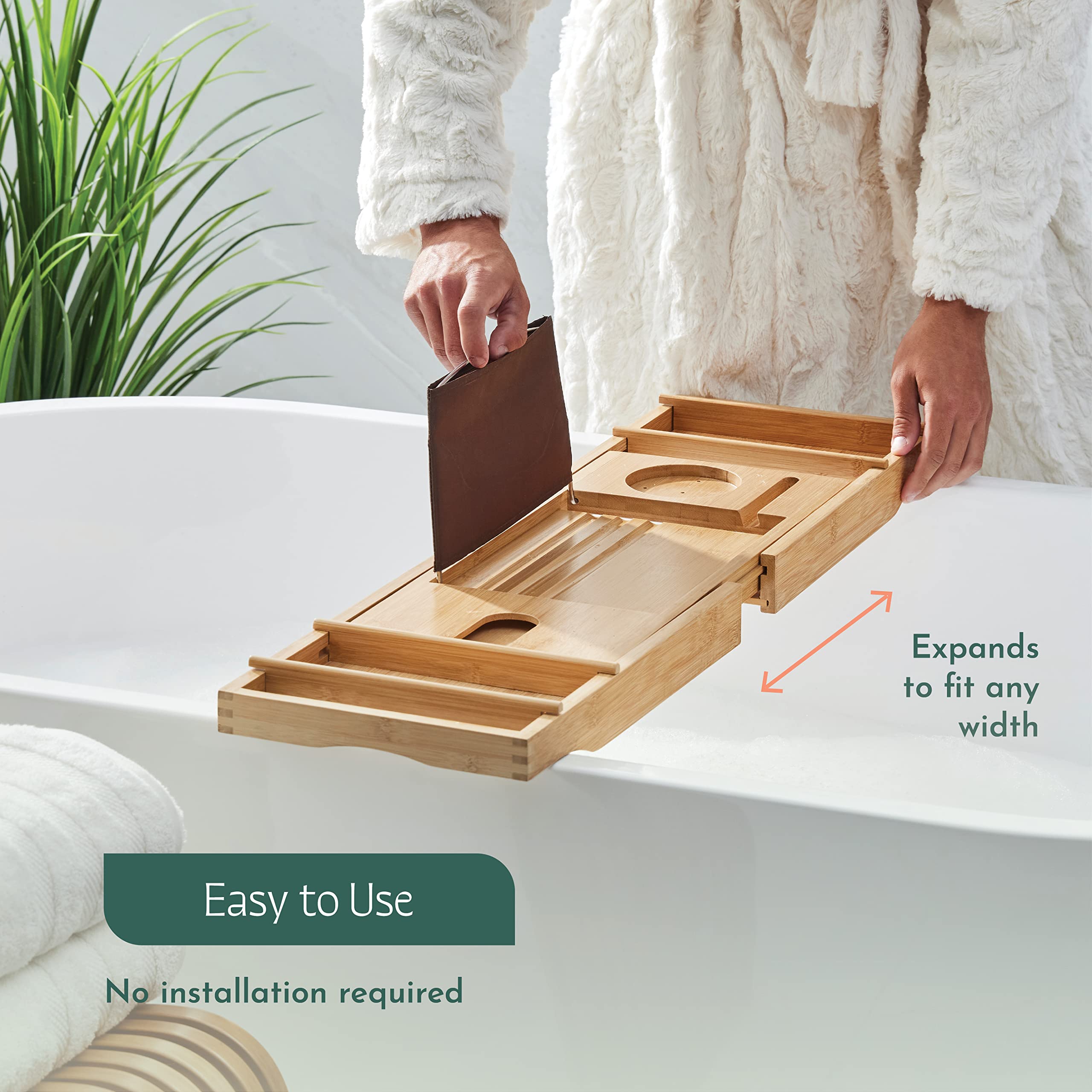 Luxurious Bamboo Bathtub Tray for Tub - Expandable Bath Tray for Bathtub Accessories, Seats One or Two People - Durable Bathtub Caddy Holds Tablet/Book, Phone, Wineglass