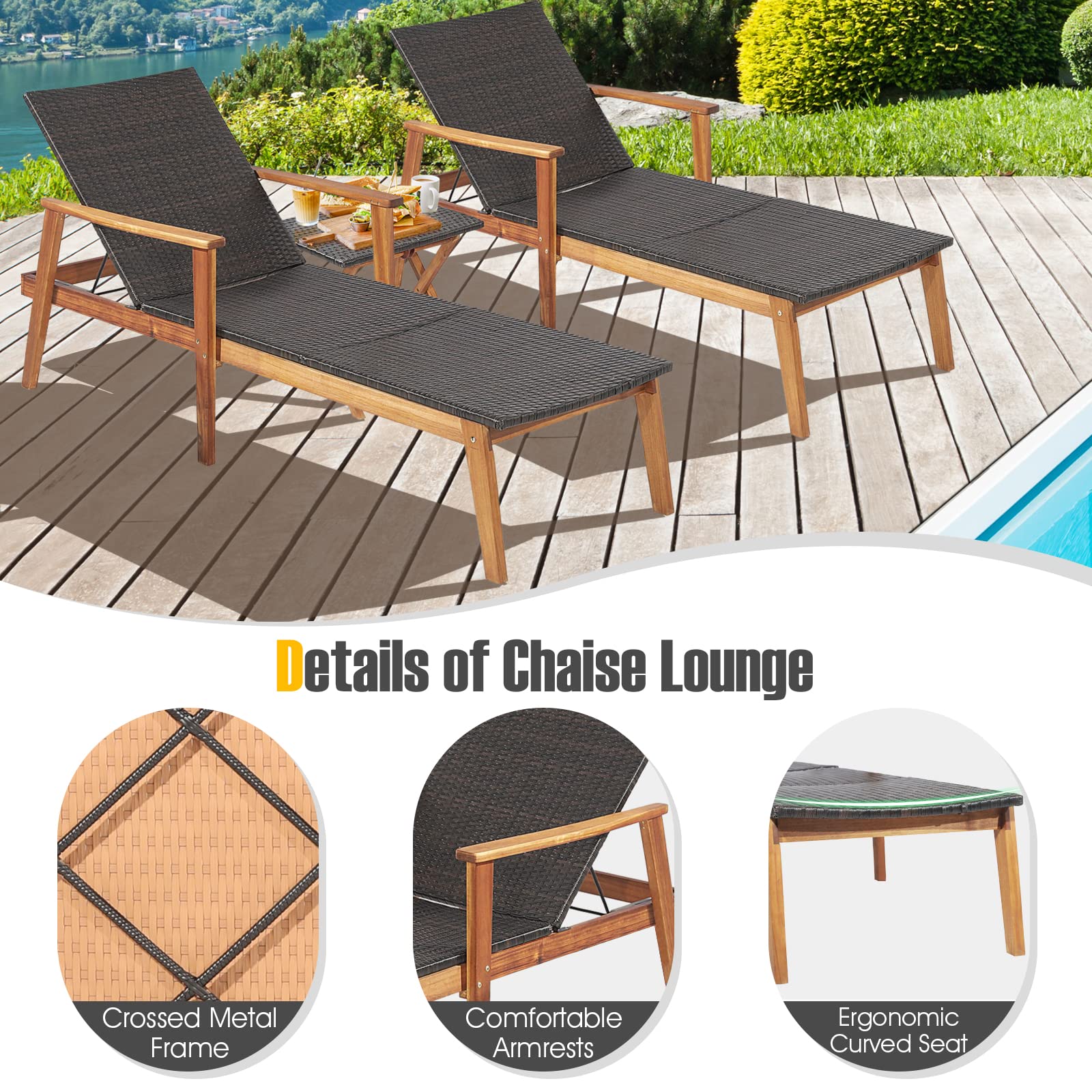 Tangkula 2 Piece Patio Chaise Lounge & Table Set, Outdoor Rattan Recliner w/Folding Side Table, 4-Level Adjustable Backrest, Solid Acacia Wood Frame, Recliner & Table Set for Backyard (Mix Brown)