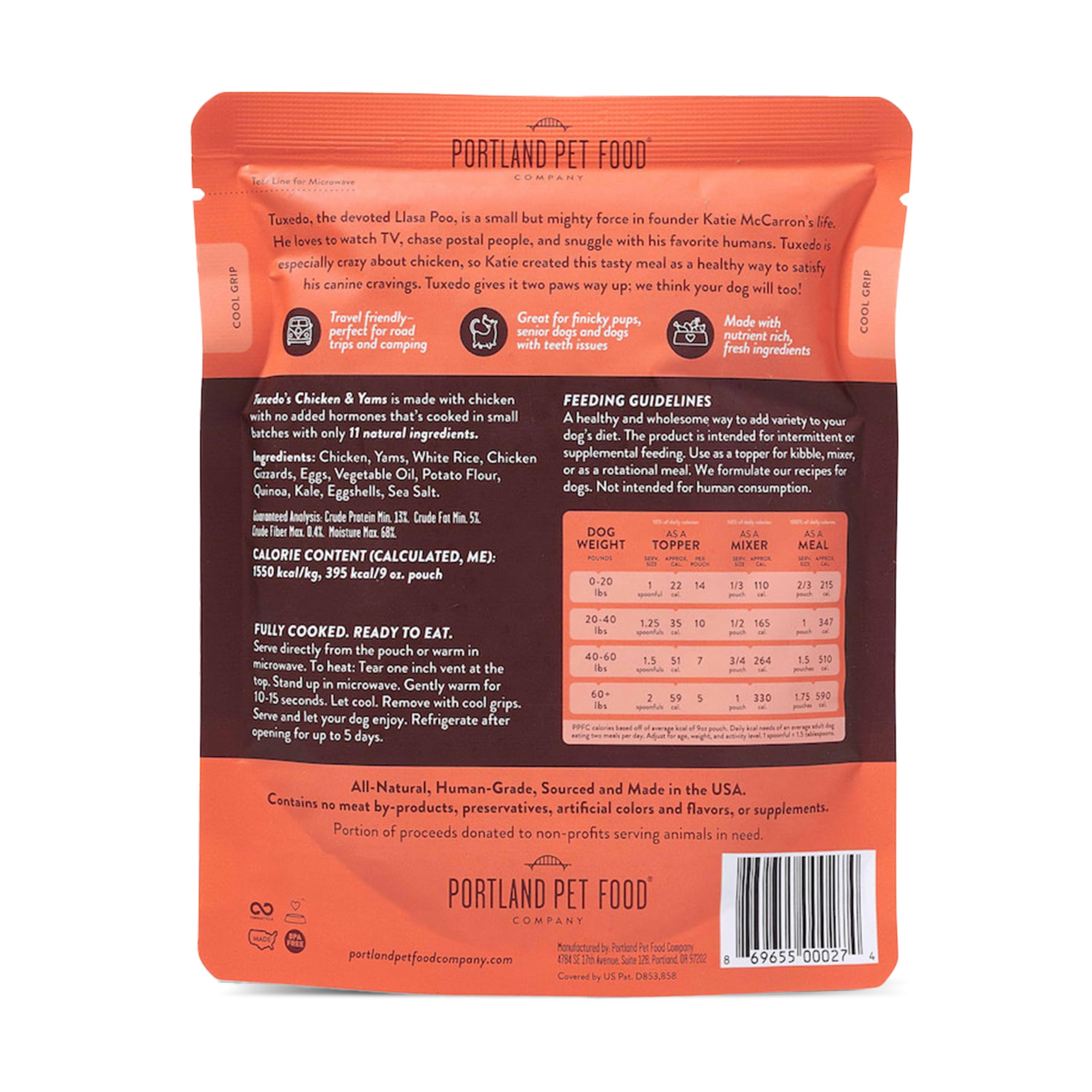 Portland Pet Food Company Tuxedo’s Chicken & Yams Wet Dog Food Pouches - Human-Grade, Gluten-Free Dog Food Toppers and Meals for Small, Medium and Large Breeds - Fresh Dog Food Made in the USA - 5-Pk