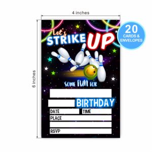 Let's Strike Up Birthday Invitations, Neon Bowling Vintage Birthday Party Invites For Kids Adults Birthday Party And Events Supplies, 20 Fill-In Invites Cards With Matching Envelopes（YQK-B14）