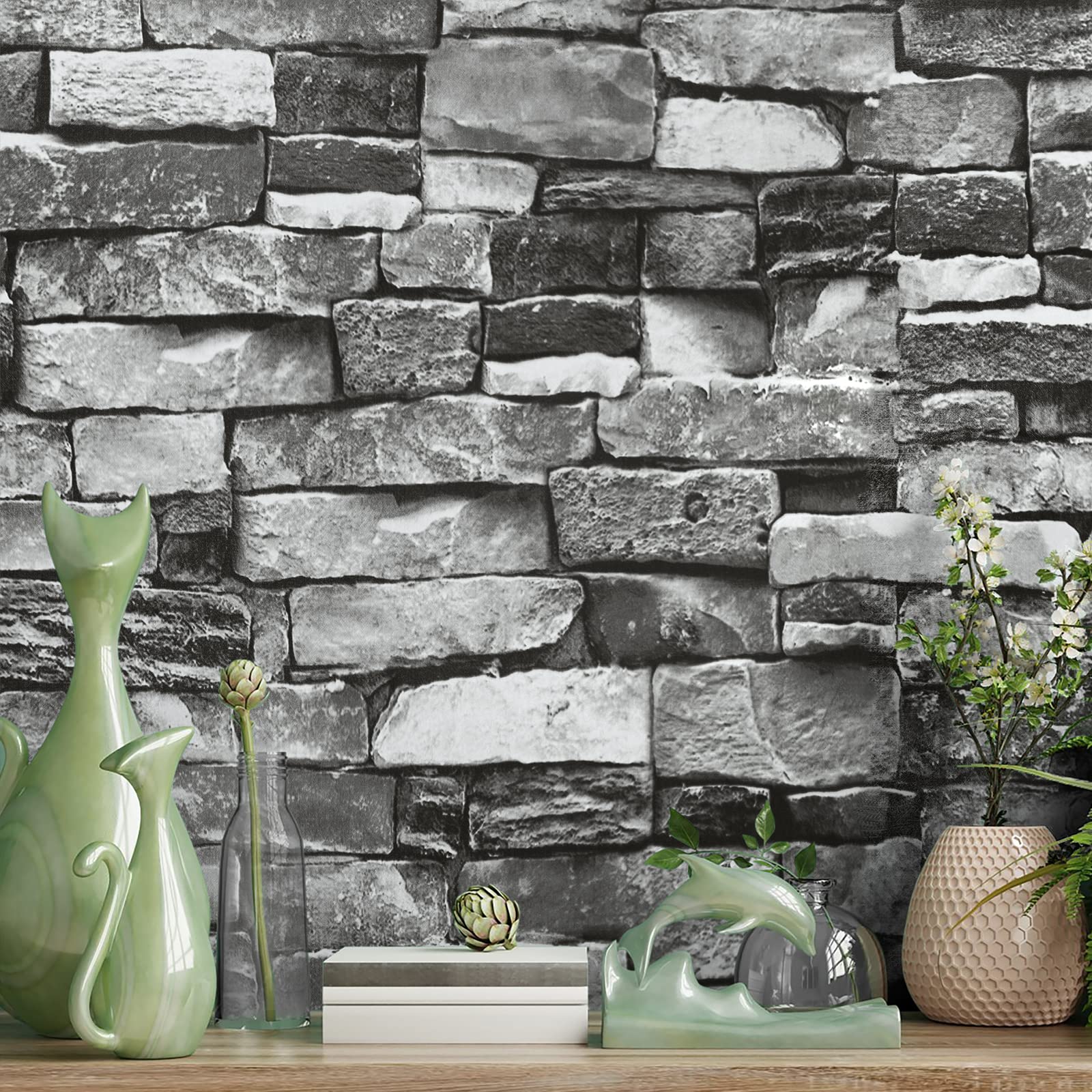 lenify Brick Wallpaper Peel and Stick Stone Wallpaper 17.7inch x 118.1inch Grey Stone Brick Paper Faux Stone Peel and Stick Wallpaper Grey Brick Self Adhesie Paper Modern Decorative Waterproof Vinyl