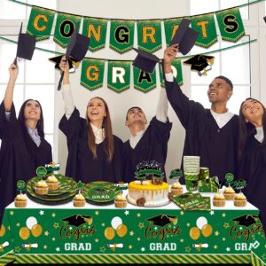 Green Graduation Plates and Napkins Class of 2025 Congrats Grad Decoration Serve 20 Guests Tableware Disposable Plates, Cups, Napkins, Tablecloth, Toppers and Banner for College High School (Green)