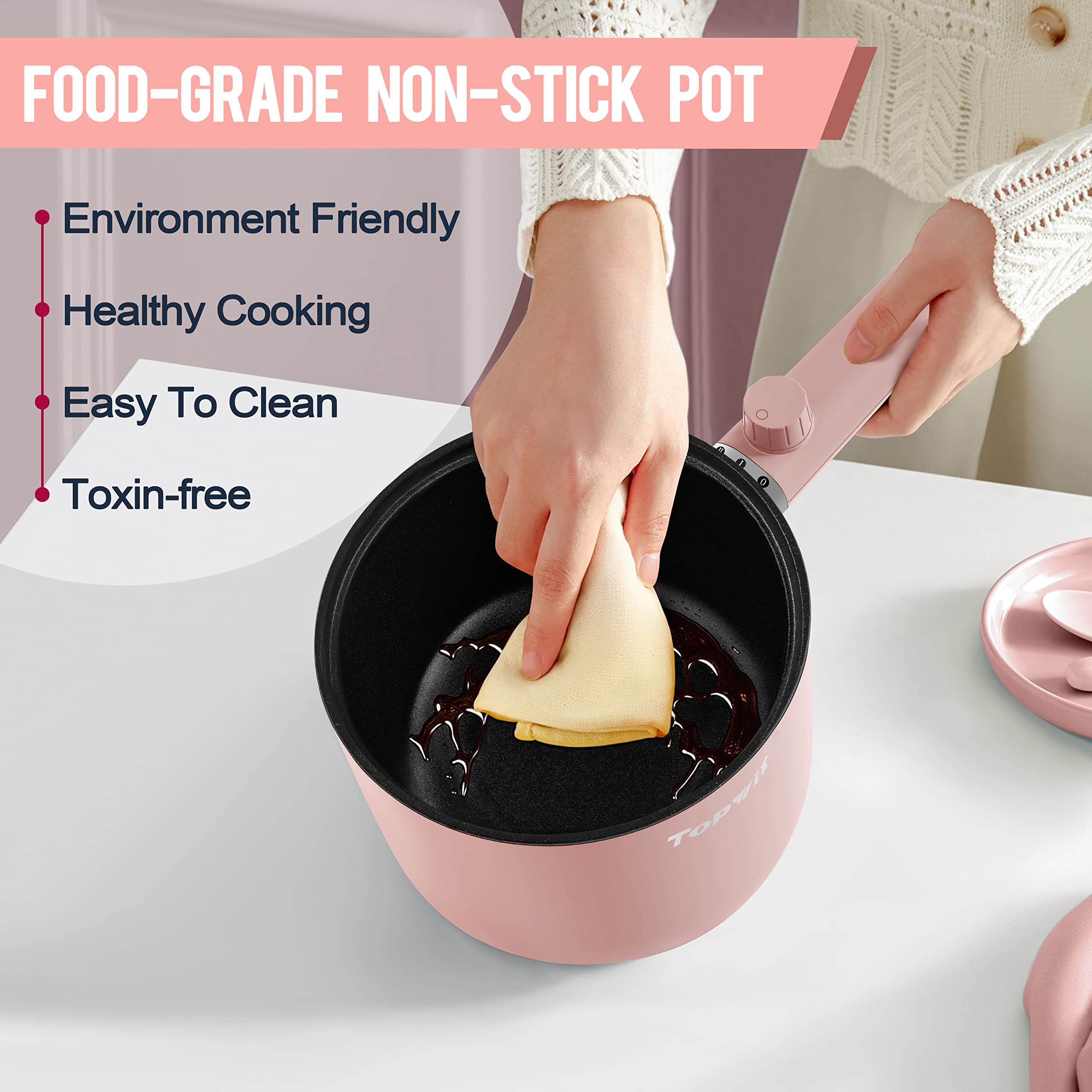 Topwit Hot Pot Electric, 1.5L Ramen Cooker, Portable Non-Stick Frying Pan, Electric Pot for Pasta, Steak, BPA Free, Electric Cooker with Dual Power Control, Over-Heating & Boil Dry Protection, Pink