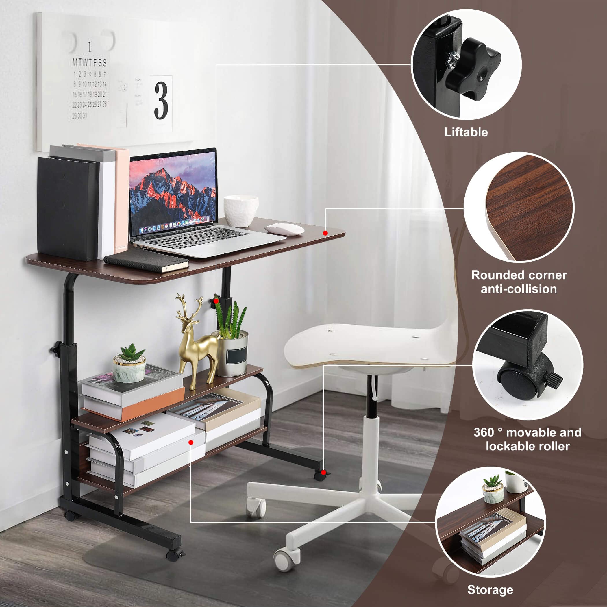 Small Standing Desk Adjustable Height,Rolling Computer Desk,Mobile Standing Desk with Wheels,Portable Stand Up Desk,Tall Computer Table,Adjustable Desktop Sit Stand Desk,Size 31.5x15.7 Inch Brown B