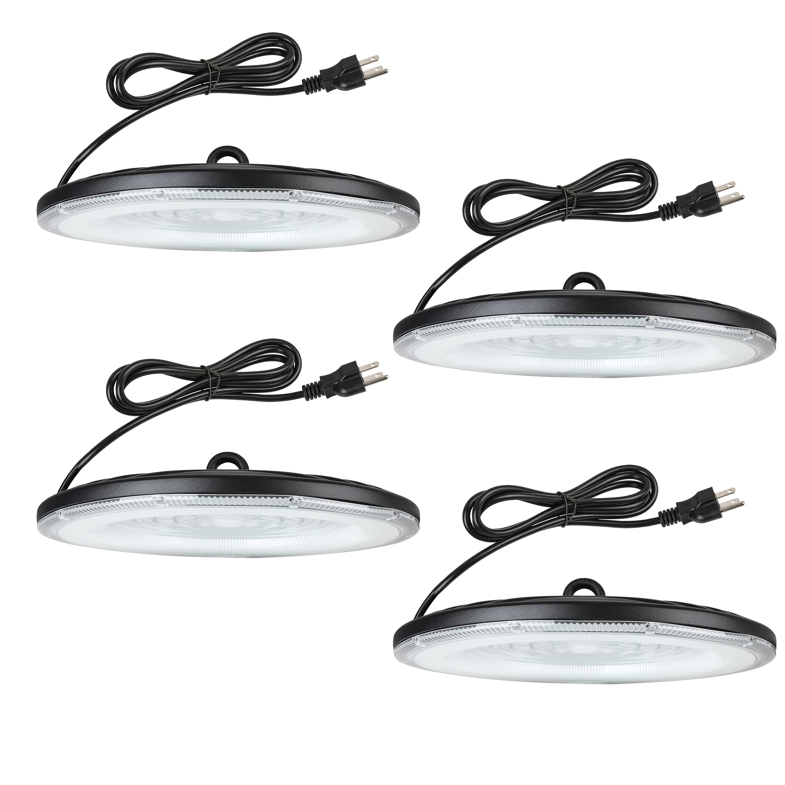 Gopretty 150W LED High Bay Lights 4 Pack, 6000K Daylight UFO High Bay Fixture, 5FT Cable with Plug, Perfect for Commercial Warehouse Barn Workshop Factory Area Lighting