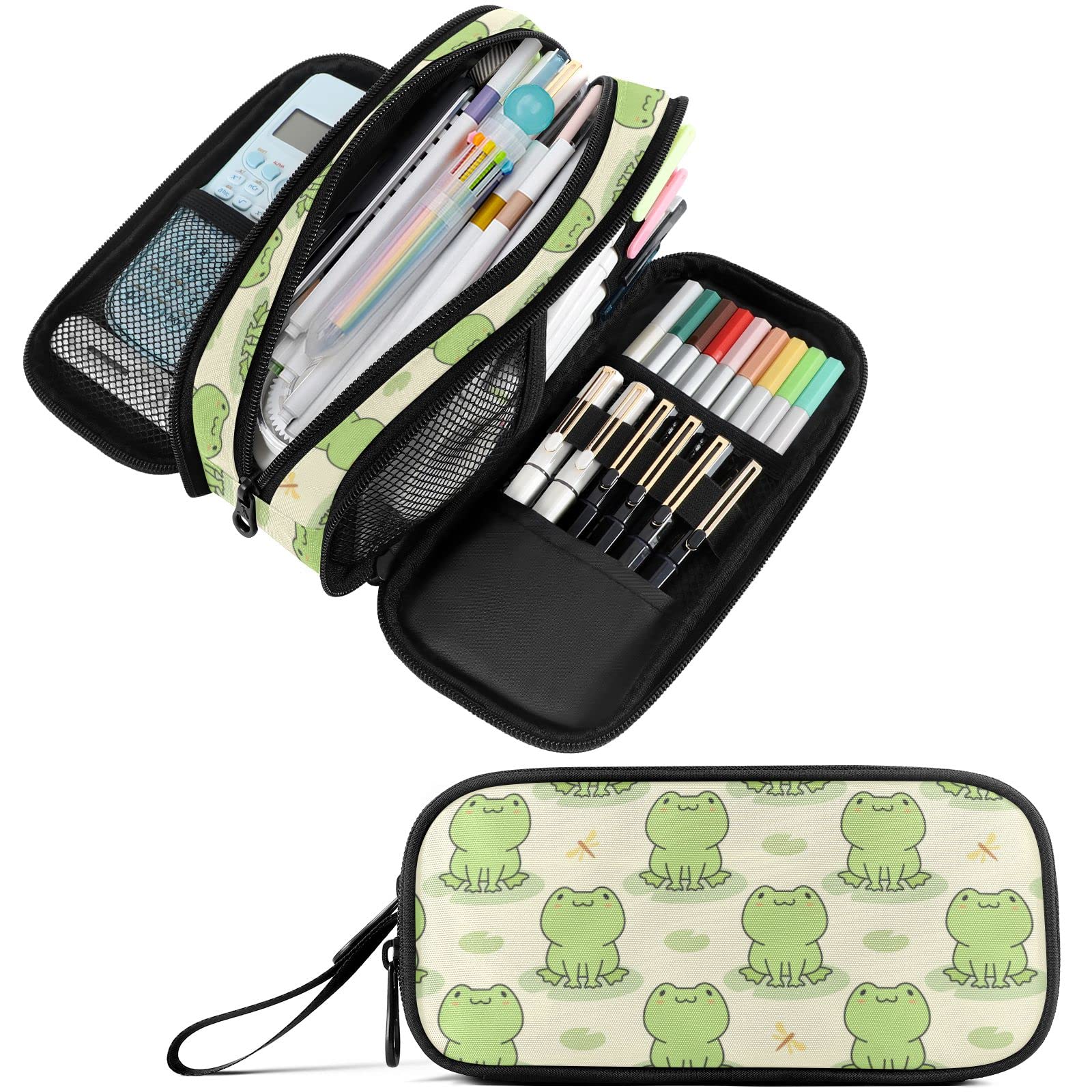 Fustylead Cute Frog Big Capacity Pencil Pen Case, Multi-Purpose Makeup Bag Organizer Storage Pouch for Office College School Hiking Travel