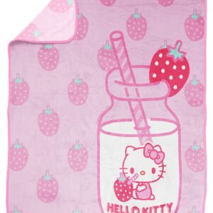 Hello Kitty Strawberry Milk Throw Blanket - Measures 46 x 60 inches, Kids Bedding Features Kitty White - Fade Resistant Super Soft Fleece (Official Hello Kitty Product)