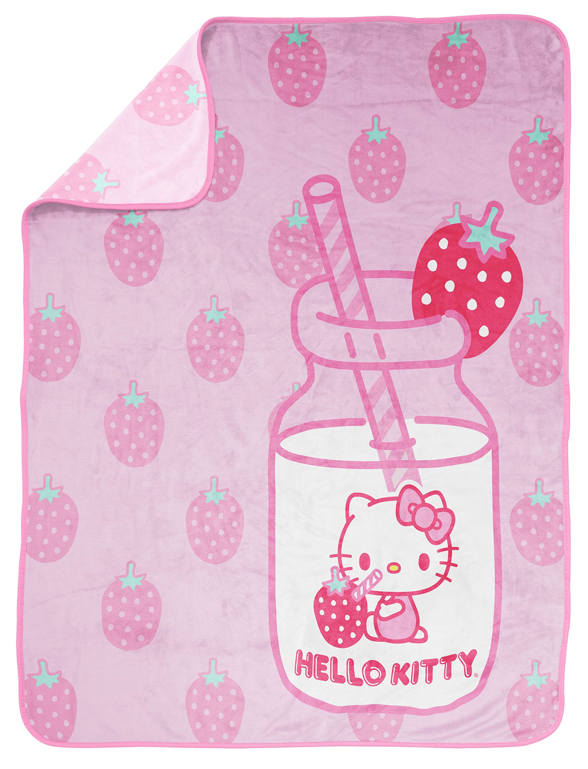 Hello Kitty Strawberry Milk Throw Blanket - Measures 46 x 60 inches, Kids Bedding Features Kitty White - Fade Resistant Super Soft Fleece (Official Hello Kitty Product)