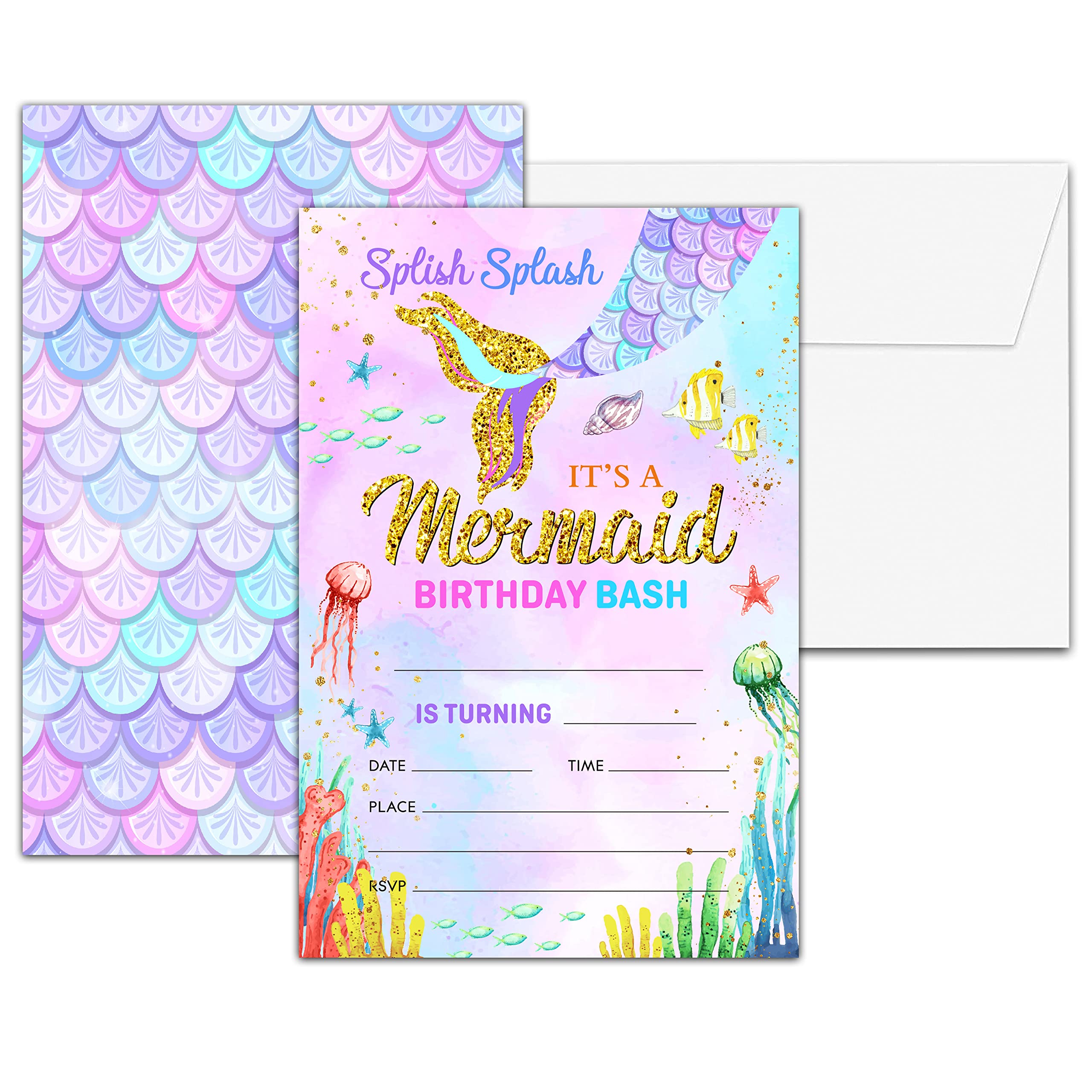 Birthday Party Invitations, Mermaid Birthday Invitations, Double-Sided Fill In Birthday Invites, Magical Glitter Birthday Party Favors Decorations Supplies, 20 Cards With 20 Envelopes(Invite-A05)