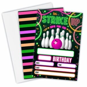 colorful neon glow bowling birthday invitations, let's strike up some fun birthday party invites for kids adults， birthday party and events supplies, 20 fill-in invites cards with matching