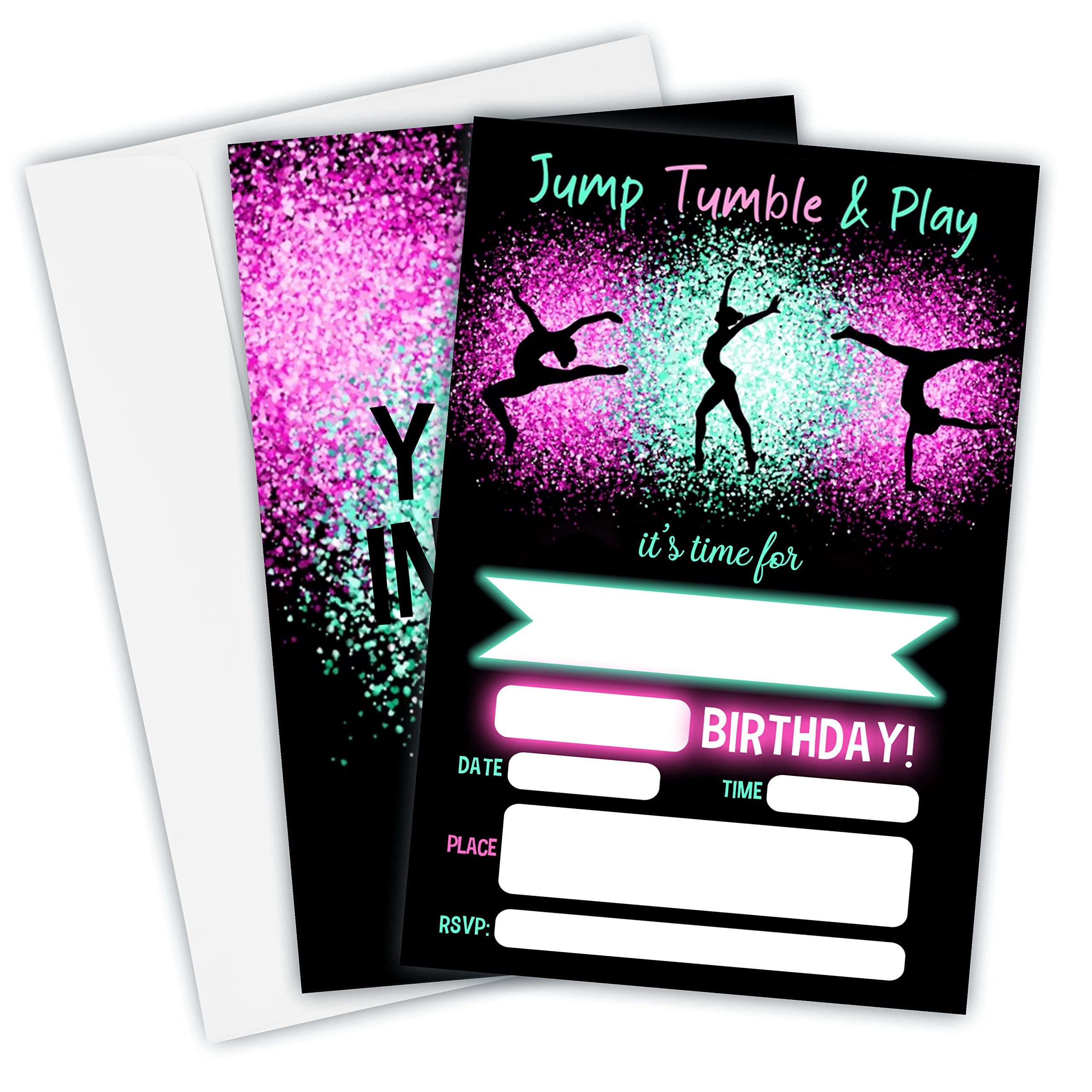 Jump Tumble & Play Birthday Invitations, Neon Pink Foil Gymnastic Birthday Party Invites Decorations, Birthday Party And Events Supplies, 20 Fill-In Invites Cards With Matching Envelopes（YQK-B03）