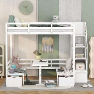 meritline full loft bed with stairs and desk, wooden full loft bed with desk, bunk bed full with convertible seats and table set underneath for kids girls boys teens,white