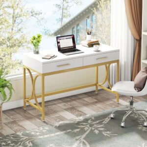 Tribesigns Modern Computer Desk with 2 Drawers, 41 Inches Study Writing Office Desk for Home Office, Bedroom, Makeup Vanity Table Desk with Gold Metal Frame, White & Gold