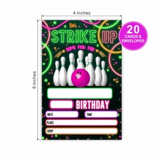 Colorful Neon Glow Bowling Birthday Invitations, Let's Strike Up Some Fun Birthday Party Invites For Kids Adults， Birthday Party And Events Supplies, 20 Fill-In Invites Cards With Matching