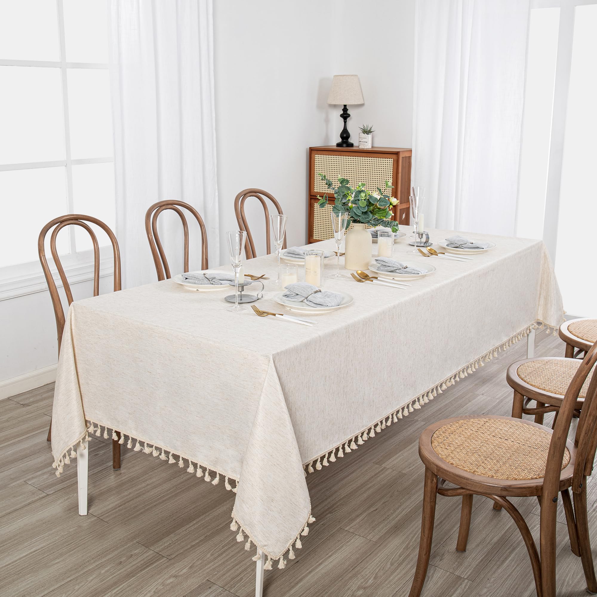 MYSKY HOME Table Cloth 60x84 in Rectangle Table, Heavy Duty Cotton Tassel Linen Look Waterproof Tablecloths Farmhouse Tablecloth, Wrinkle Free Table Cover with Beige Tassels for Kitchen Dining, Party