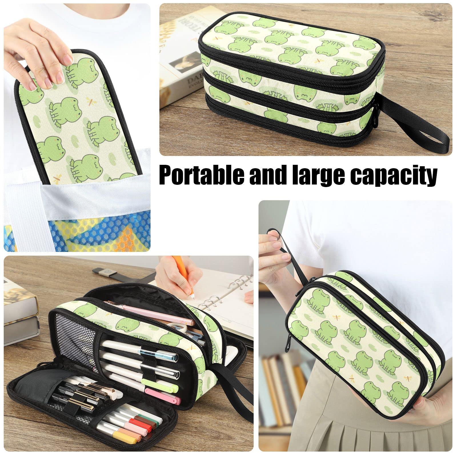 Fustylead Cute Frog Big Capacity Pencil Pen Case, Multi-Purpose Makeup Bag Organizer Storage Pouch for Office College School Hiking Travel