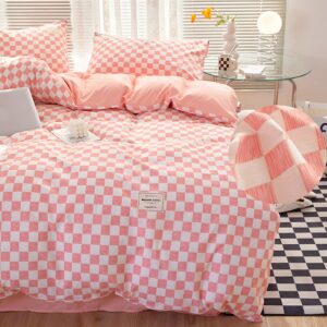 Pink Bedding Checkered Duvet Cover Set Twin, Soft 100% Washed Cotton Grid Plaid Duvet Cover Set, 4PCS 1 Quilt Cover+2 Pillow Covers+1 Flat Sheet, Checkered Cover Set Bedding Sets Collections