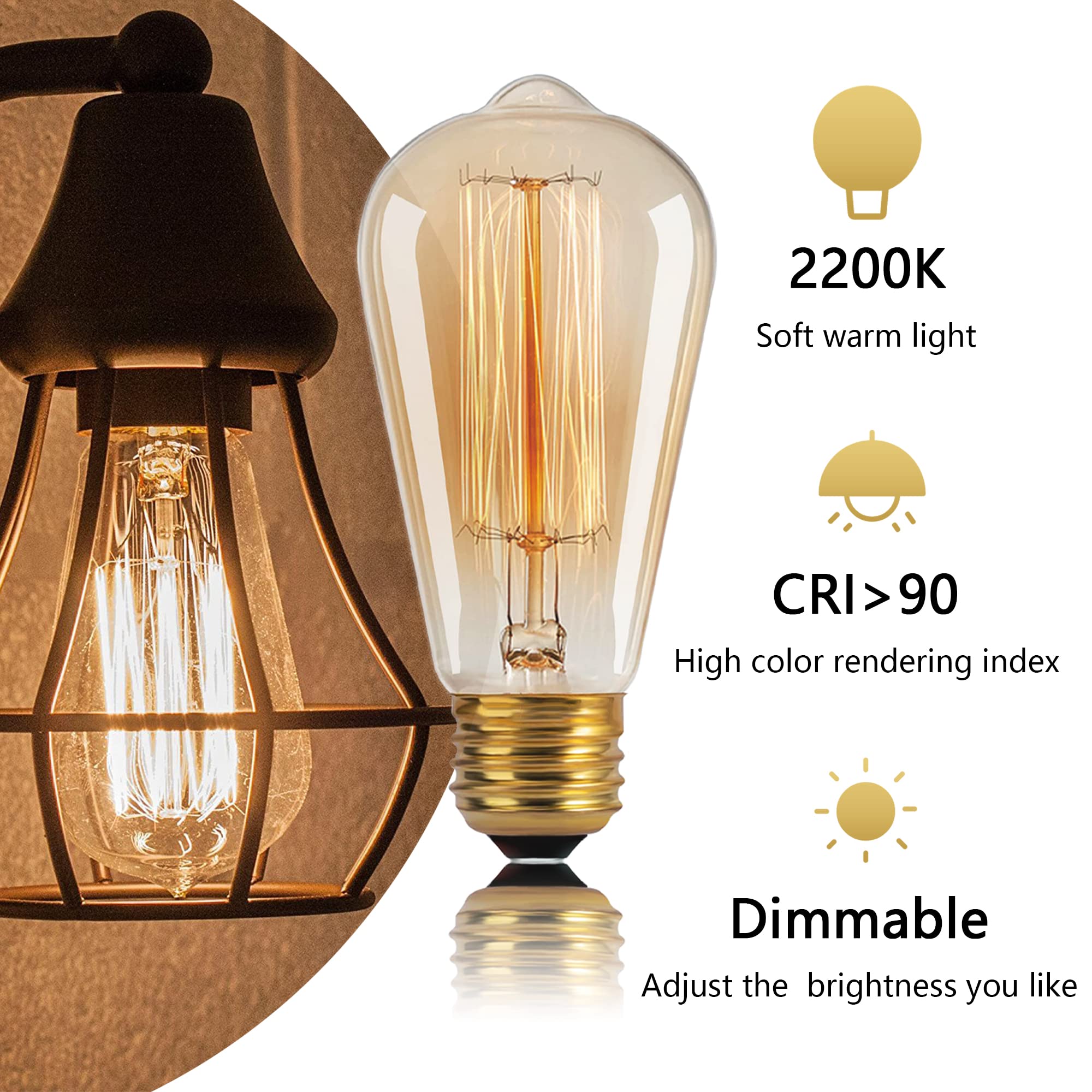 Figame ST64 Edison Bulb 60W 6 Packs, 110-130 Volts, E26/E27 Base Dimmable, Retro Edison Bulb 6 Packs, 2200k Amber Warm Yellow, Decorative Antique Filament Bulb Household Lighting Fixtures