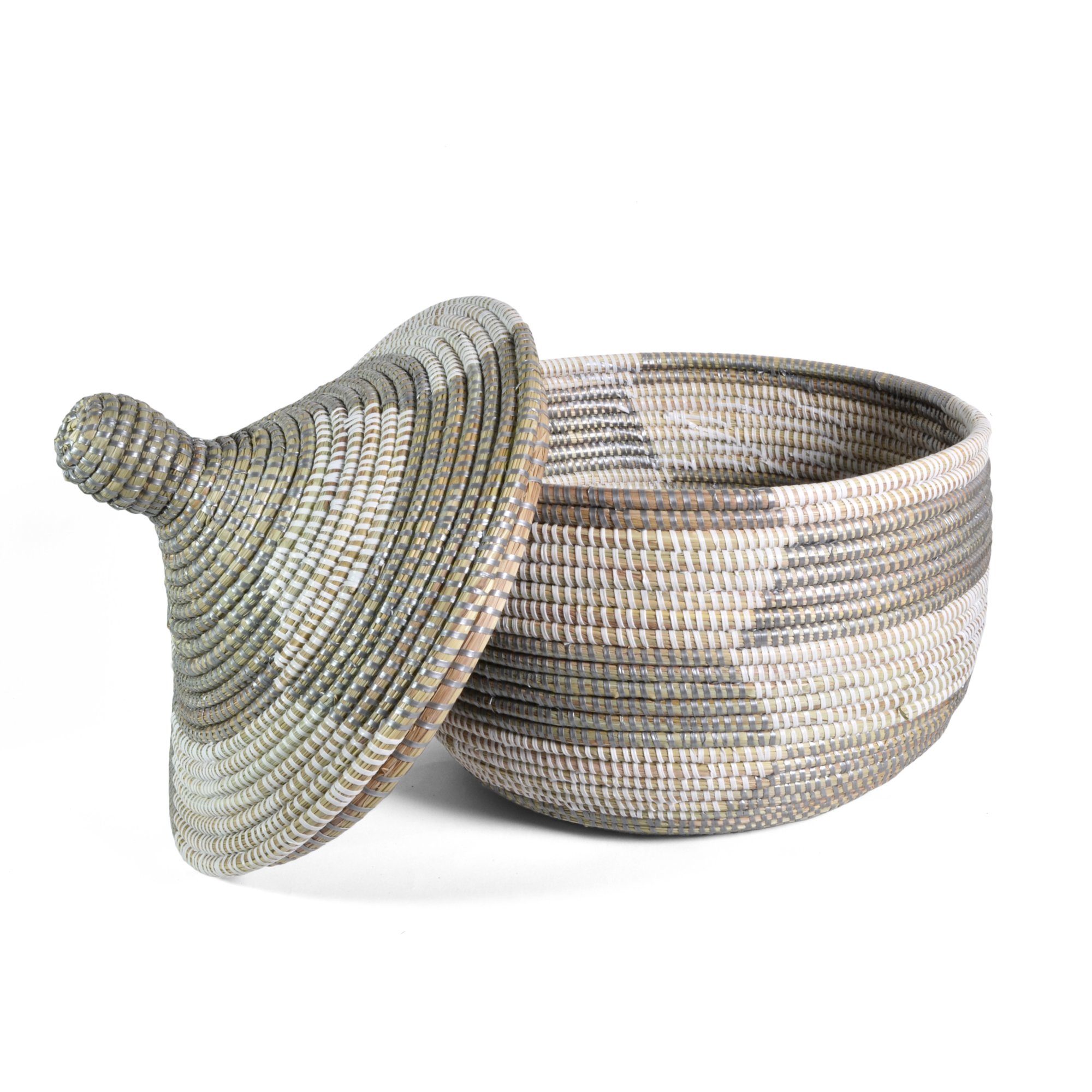 African Fair Trade Handwoven Lidded Warming Basket, Silver/White