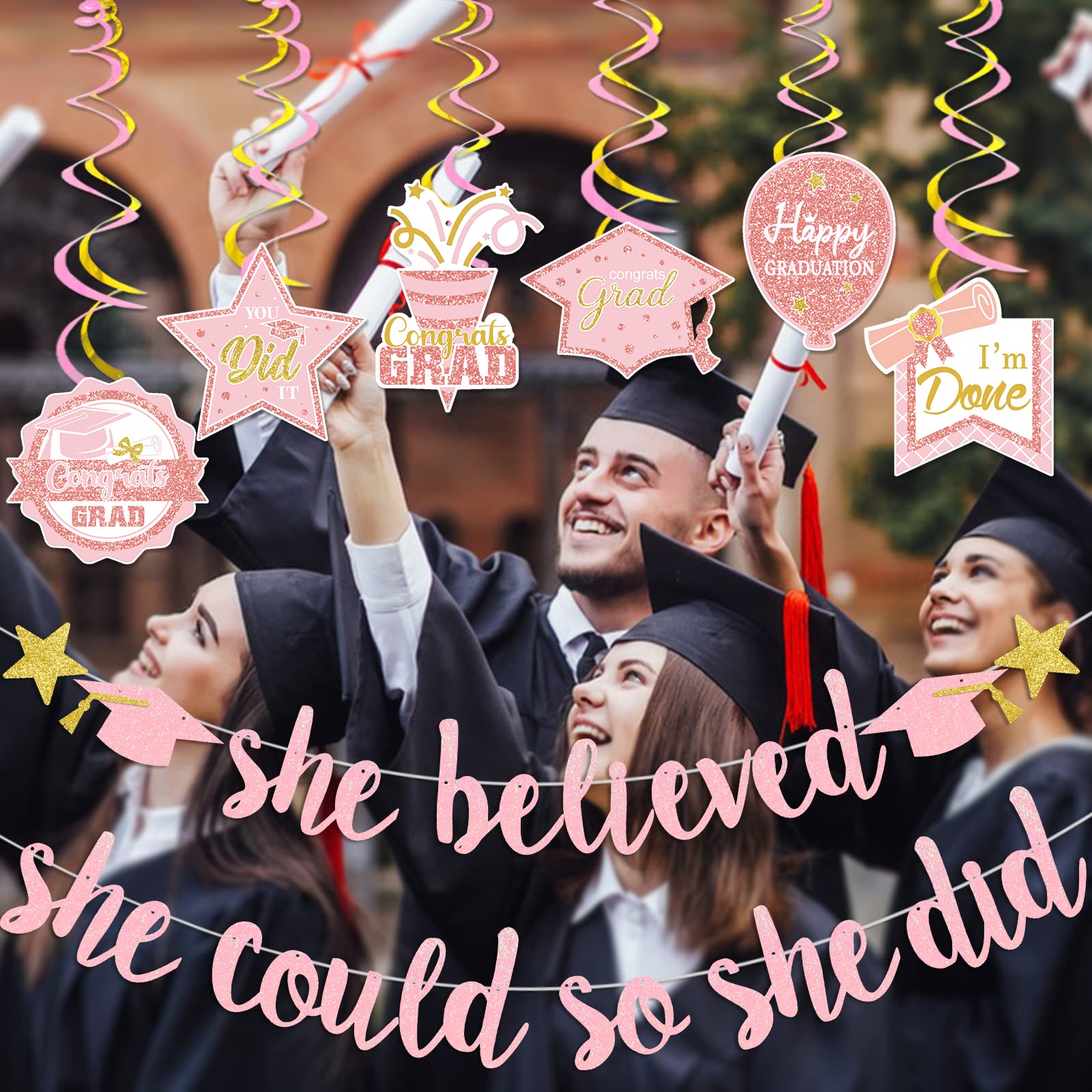 She Believed She Could So She Did Banner Graduation Party Decorations 2024 College Graduation Decorations She Believed She Could Party Decor (rose gold)