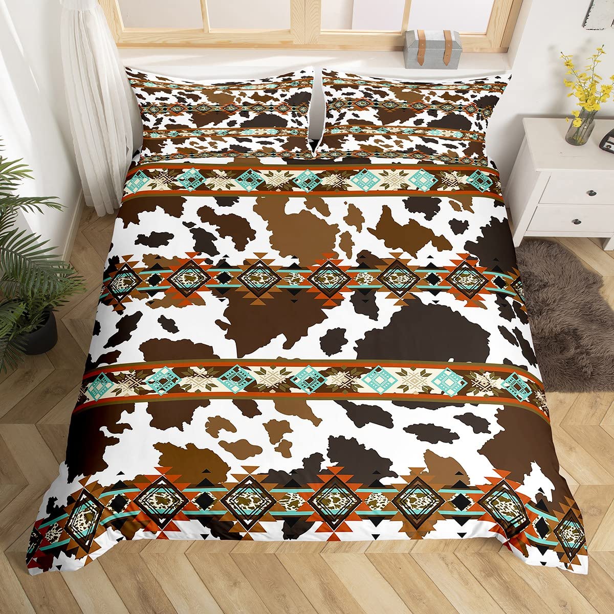 Erosebridal Cowhide Comforter Cover Brown Highland Cow Print Duvet Cover,Western Bedding Sets Queen Exotic Aztec Bed Set,Farmhouse Wild Animals Longhorn Skin Room Decor Cowboys Gifts for Men