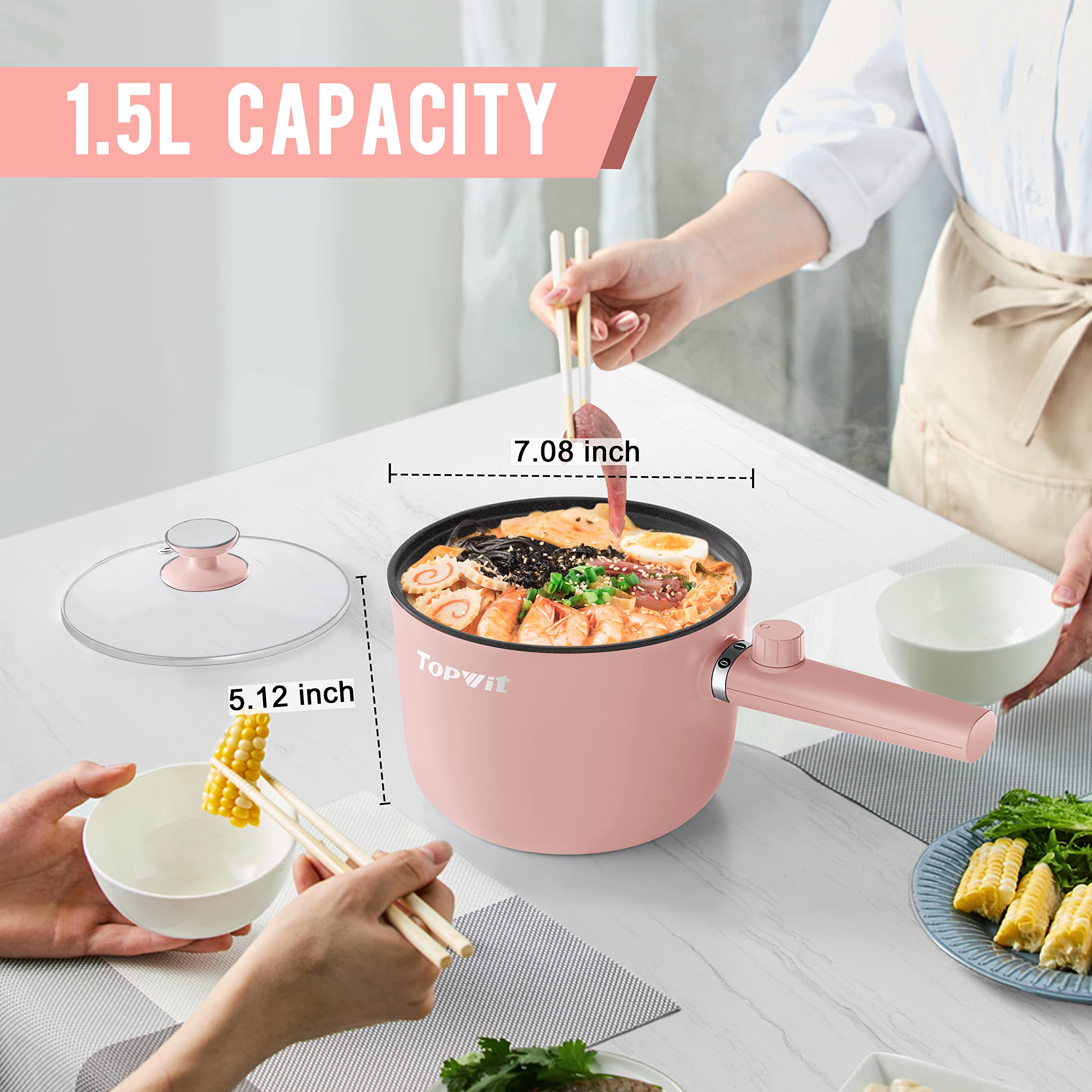 Topwit Hot Pot Electric, 1.5L Ramen Cooker, Portable Non-Stick Frying Pan, Electric Pot for Pasta, Steak, BPA Free, Electric Cooker with Dual Power Control, Over-Heating & Boil Dry Protection, Pink