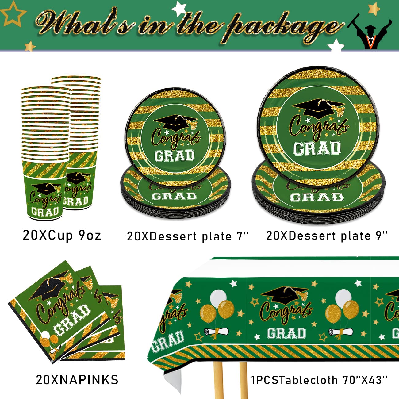 Green Graduation Plates and Napkins Class of 2025 Congrats Grad Decoration Serve 20 Guests Tableware Disposable Plates, Cups, Napkins, Tablecloth, Toppers and Banner for College High School (Green)