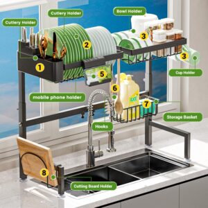 ilvvan Dish Rack Over The Sink Dish Drying Rack (Expandable Height and Length) Snap-On Design 2 Tier Large Dish Rack Stainless Steel (23" - 34" L x 11" W x 19" - 21.5" H)