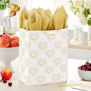 Hallmark 13" Large Heart Gift Bag with Wedding Card and Tissue Paper (Best Wishes Gold and White, Hearts) for Weddings, Bridal Showers, Engagements