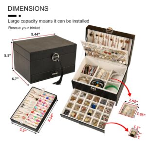 BOOVO Earring Jewelry Box For Women Girl Stud Organizer, 5 Layers Girl Jewelry Organizer Box With Lock Earring Holder Organizer Necklace Ring Jewelry Organizer Box For Girls (Black)