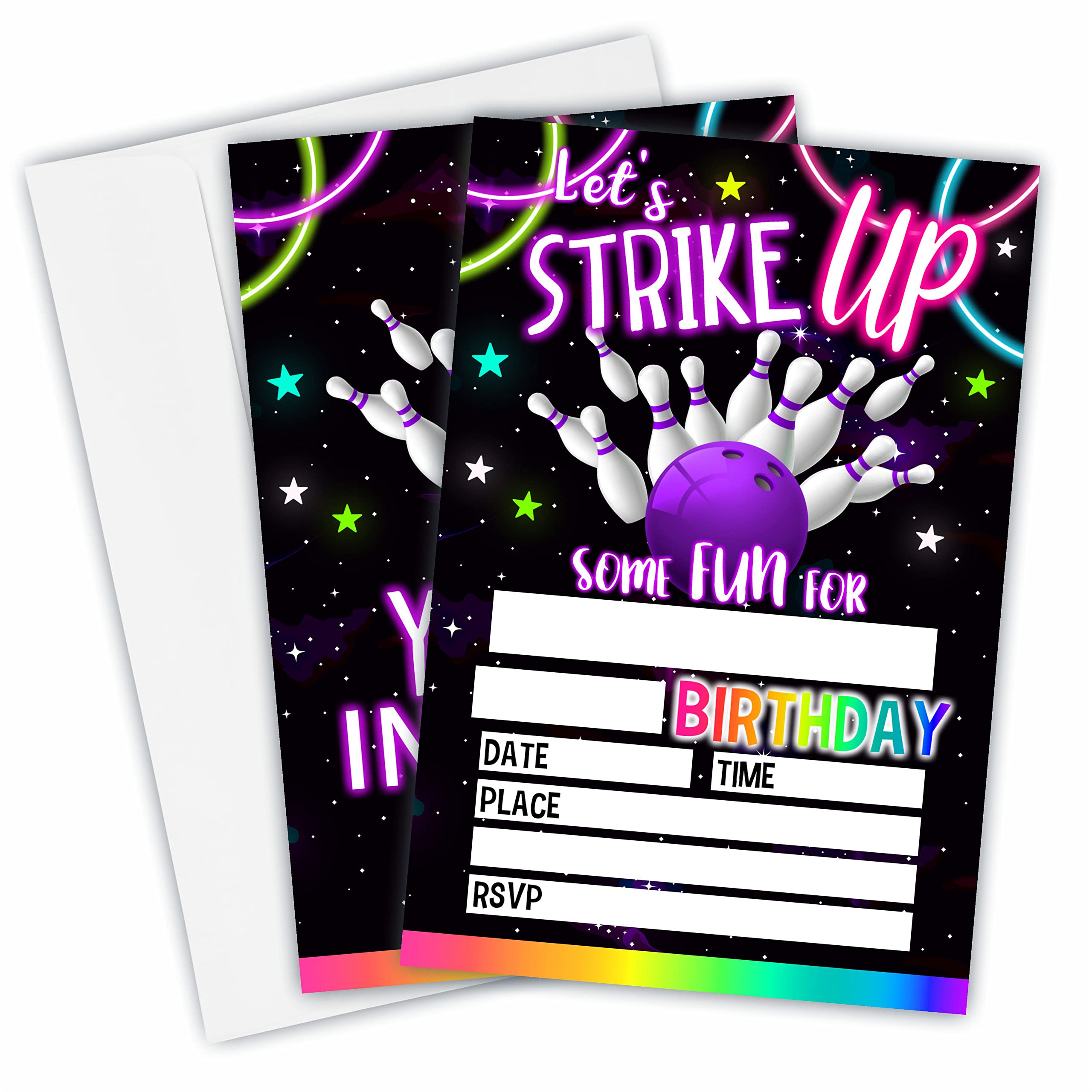 Let's Strike Up Some Fun Birthday Invitations, Neon Bowling Rainbow Glow Birthday Party Invites For Kids Adults Birthday Party And Events Supplies, 20 FillIn Invites Cards With Matching