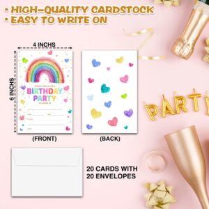 Chuxvon Birthday Party Invitations, Rainbow Heart Birthday Invitations, Double-Sided Fill In Birthday Invites, Birthday Party Favors Decorations Supplies, 20 Cards With 20 Envelopes(Invite-A02)