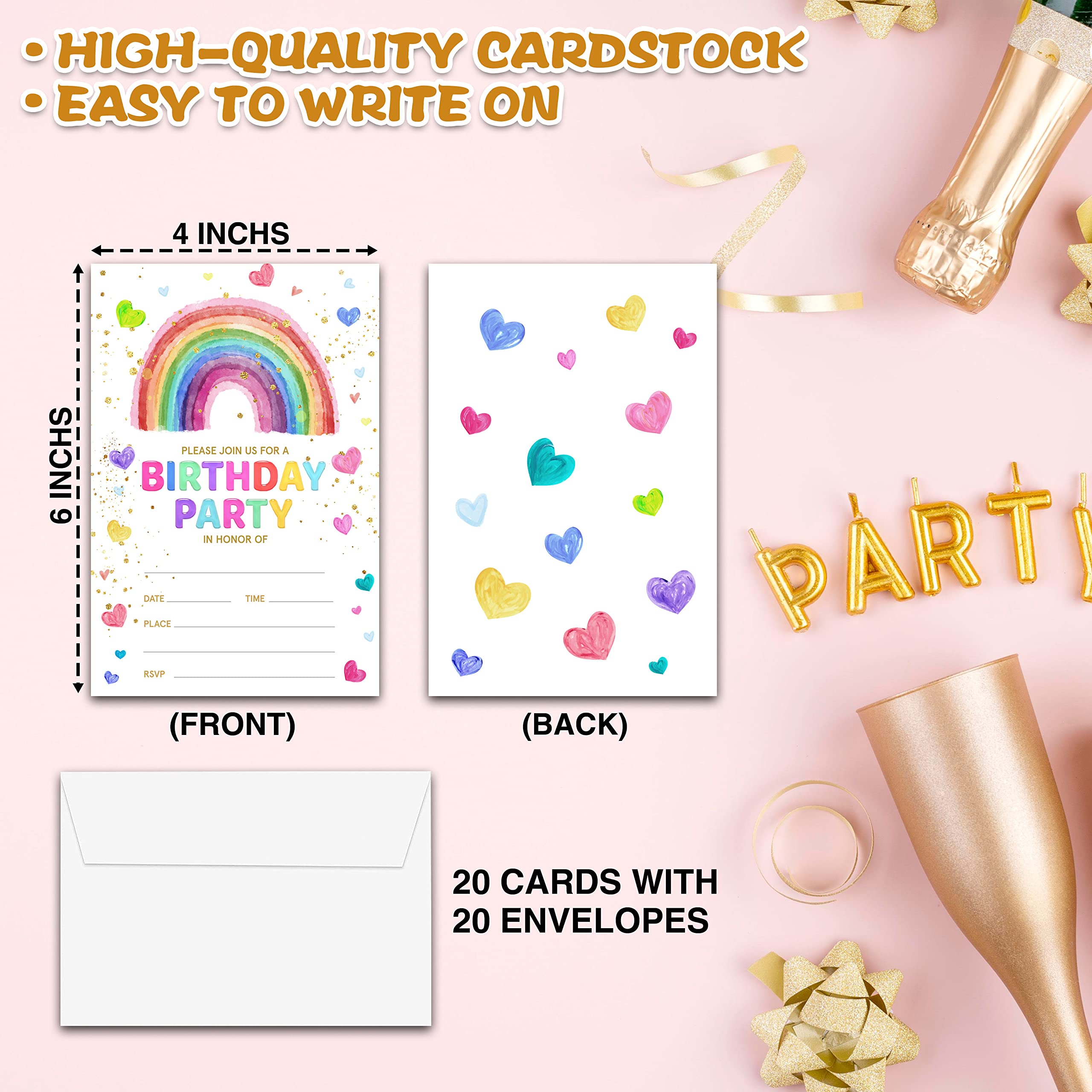 Chuxvon Birthday Party Invitations, Rainbow Heart Birthday Invitations, Double-Sided Fill In Birthday Invites, Birthday Party Favors Decorations Supplies, 20 Cards With 20 Envelopes(Invite-A02)