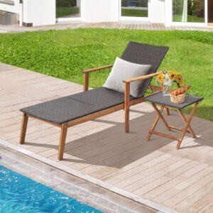 Tangkula 2 Piece Patio Chaise Lounge & Table Set, Outdoor Rattan Recliner w/Folding Side Table, 4-Level Adjustable Backrest, Solid Acacia Wood Frame, Recliner & Table Set for Backyard (Mix Brown)