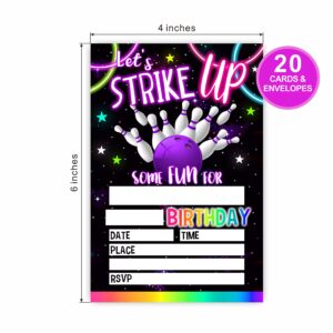 Let's Strike Up Some Fun Birthday Invitations, Neon Bowling Rainbow Glow Birthday Party Invites For Kids Adults Birthday Party And Events Supplies, 20 FillIn Invites Cards With Matching