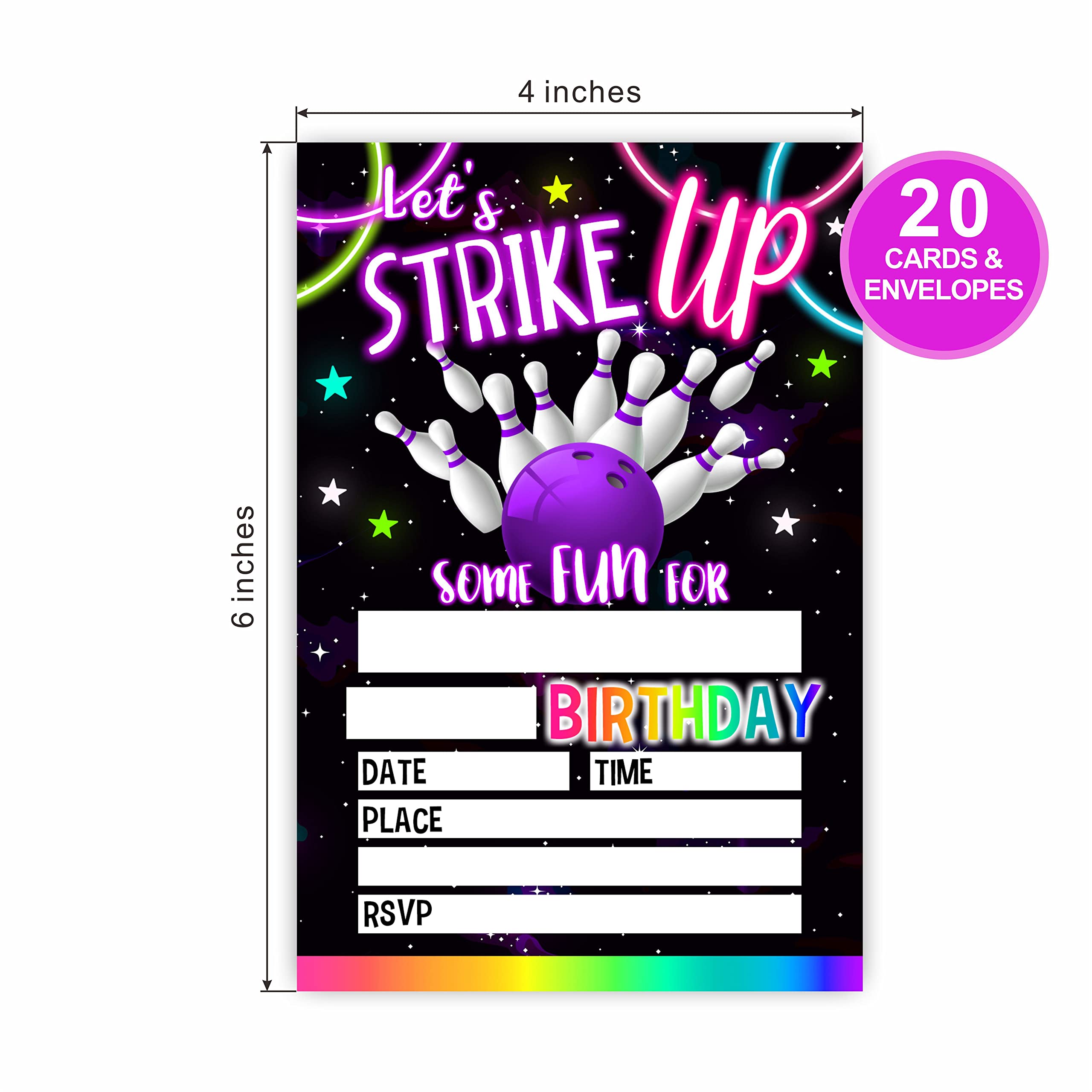 Let's Strike Up Some Fun Birthday Invitations, Neon Bowling Rainbow Glow Birthday Party Invites For Kids Adults Birthday Party And Events Supplies, 20 FillIn Invites Cards With Matching