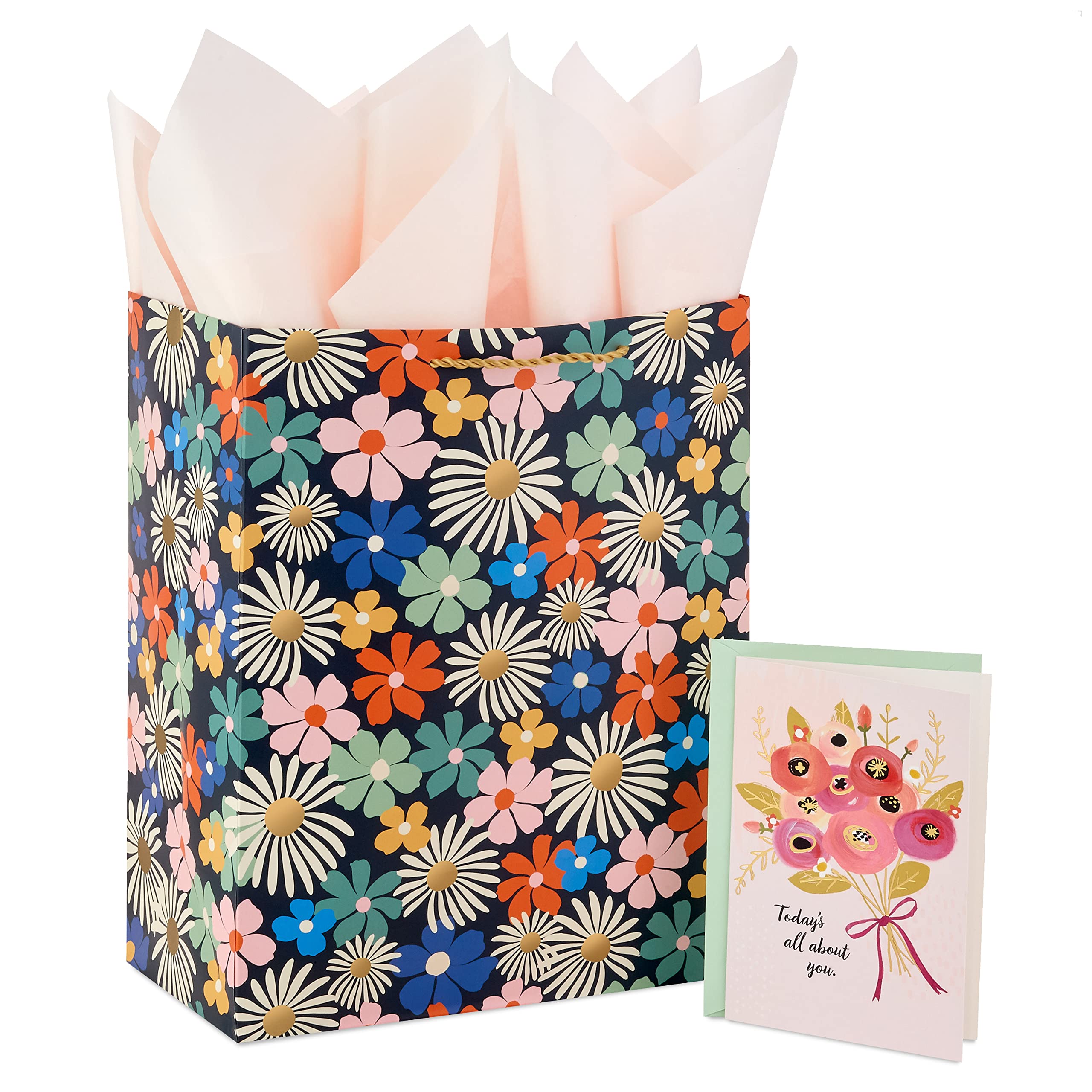 Hallmark 13" Large Gift Bag with Birthday Card and Tissue Paper for Women (Modern Flowers, Pink, Sage, Blue, Black, Yellow) for Mom, Daughter, Sister, Girlfriend, Aunt, Nana