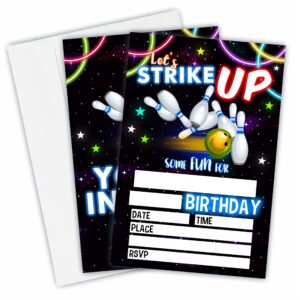 let's strike up birthday invitations, neon bowling vintage birthday party invites for kids adults birthday party and events supplies, 20 fill-in invites cards with matching envelopes（yqk-b14）