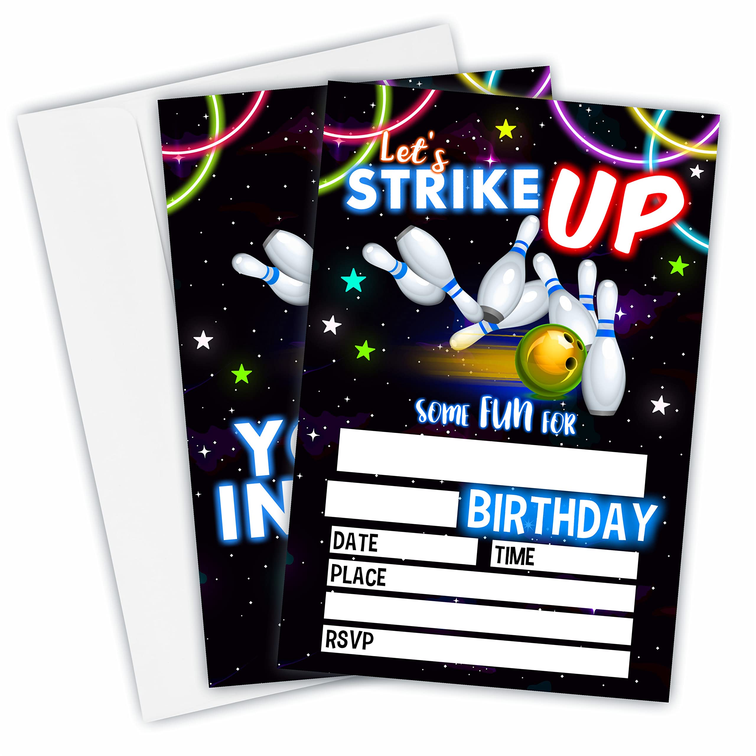 Let's Strike Up Birthday Invitations, Neon Bowling Vintage Birthday Party Invites For Kids Adults Birthday Party And Events Supplies, 20 Fill-In Invites Cards With Matching Envelopes（YQK-B14）