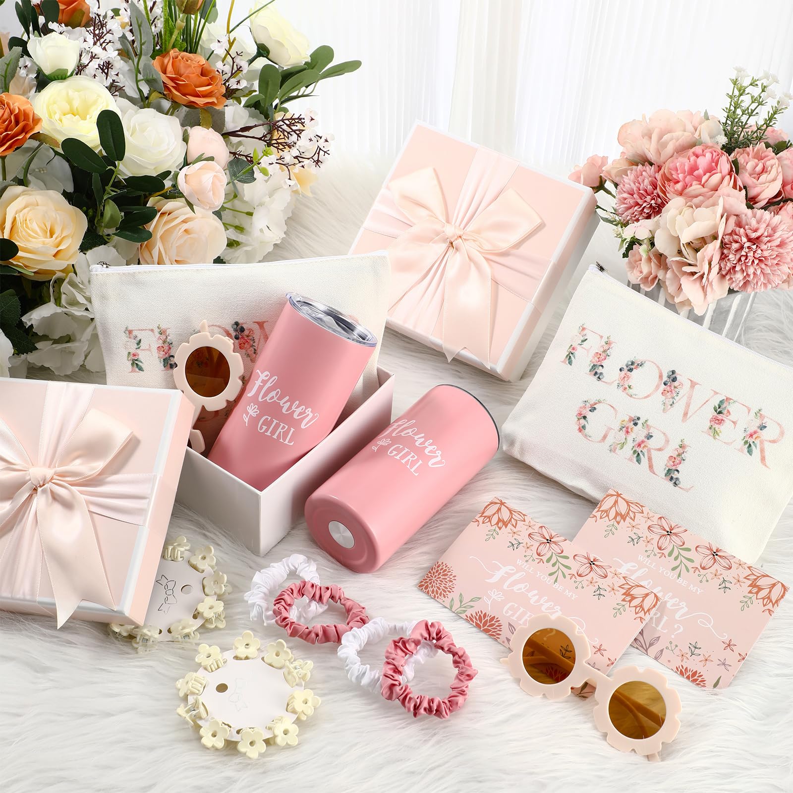 Sieral 16 Pcs Flower Girl Gift Flower Girl Tumbler with Straw Bridesmaid Gifts Flower Girl Proposal Box Bow Canvas Bag Sunglasses Hair Scrunchies Hair Clips Proposal Card for Wedding Birthday Party