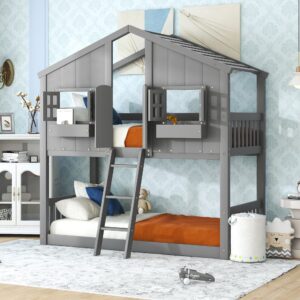 meritline twin over twin house bunk bed, wood floor bunk bed frame with roof, window, window box & door, twin bunk bed for kids boys girls teens (grey)