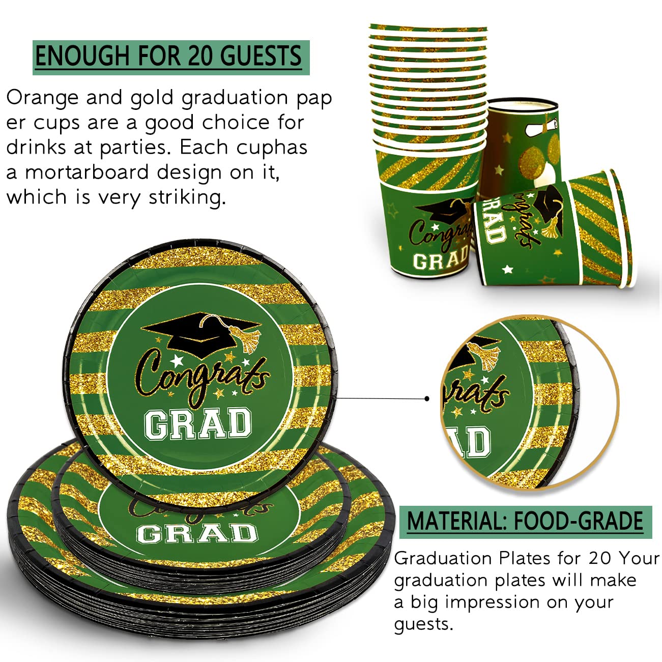 Green Graduation Plates and Napkins Class of 2025 Congrats Grad Decoration Serve 20 Guests Tableware Disposable Plates, Cups, Napkins, Tablecloth, Toppers and Banner for College High School (Green)