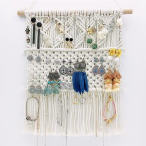 toyafun hanging jewelry organizer macrame earring holder organizer wall necklace organizer boho decor for necklaces bracelet earrings rings on closet wall door